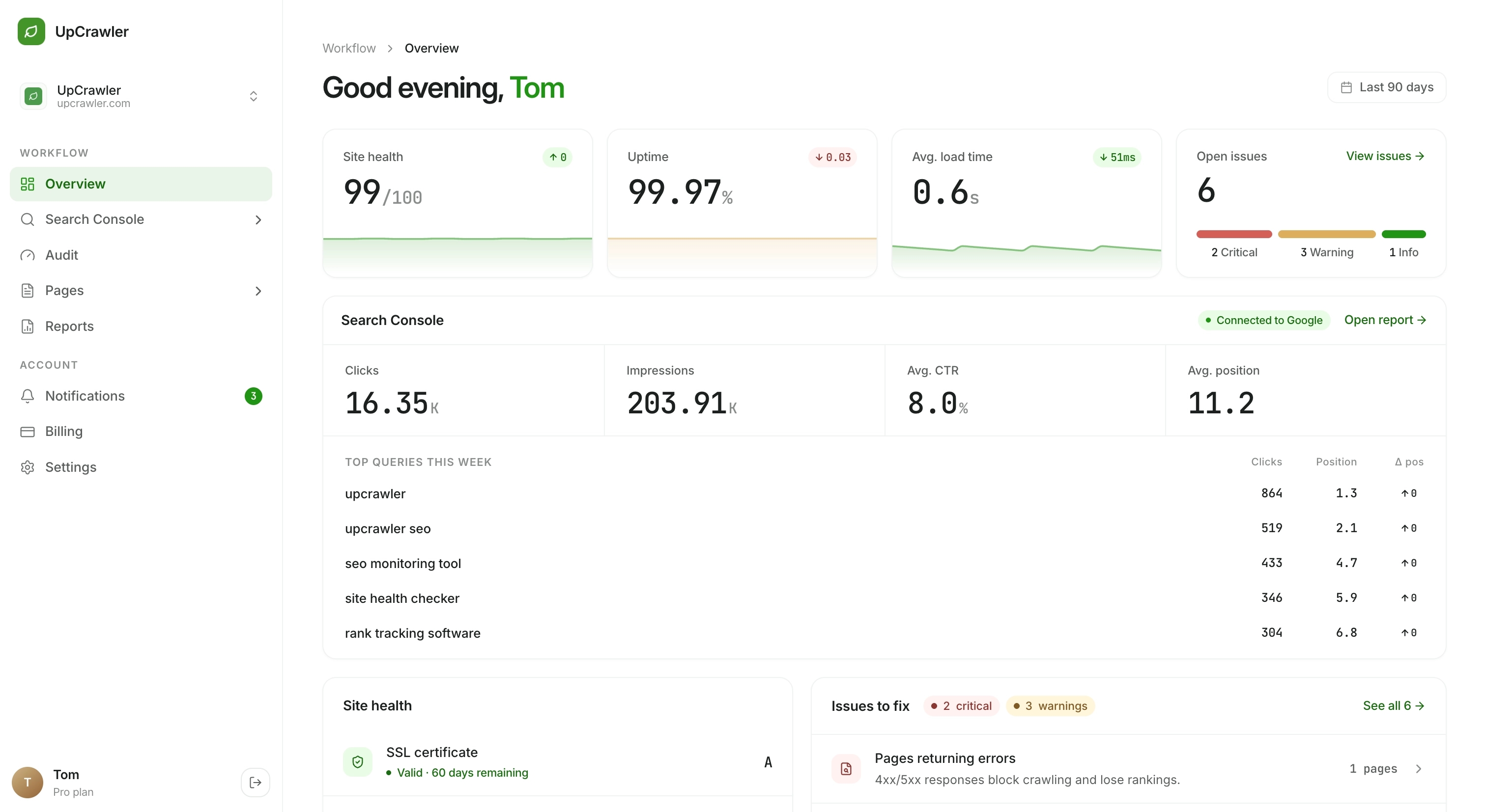 UpCrawler dashboard preview